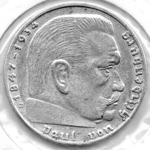 2 Reichsmark 1938 E Hindenburg Silver Coin German Empire