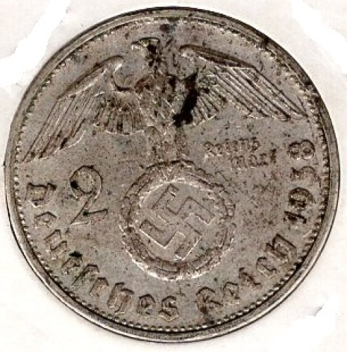 Jager 0366 2 Reichsmark 1938 G Hindenburg Silver Coin German Empire