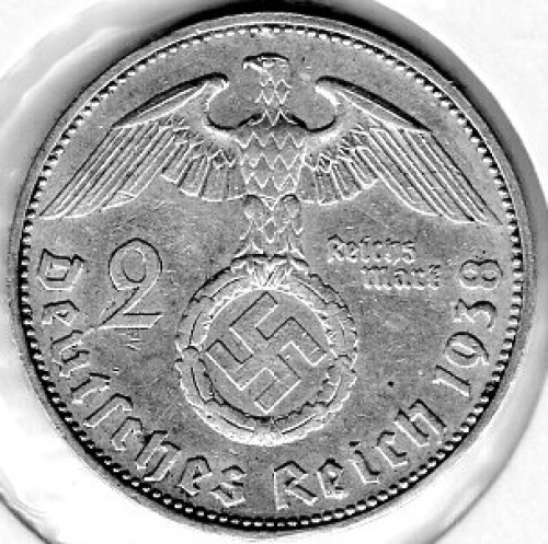 Jager 0366 2 Reichsmark 1938 J Hindenburg Silver Coin German Empire
