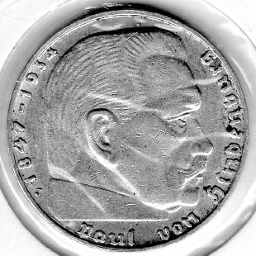 Jager 0366 2 Reichsmark 1938 J Hindenburg Silver Coin German Empire