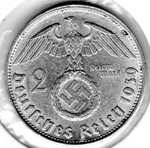 Jager 0366 2 Reichsmark 1939 B Hindenburg Silver Coin German Empire