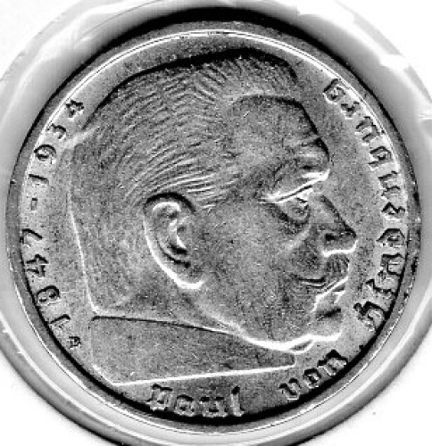 Jager 0366 2 Reichsmark 1939 B Hindenburg Silver Coin German Empire