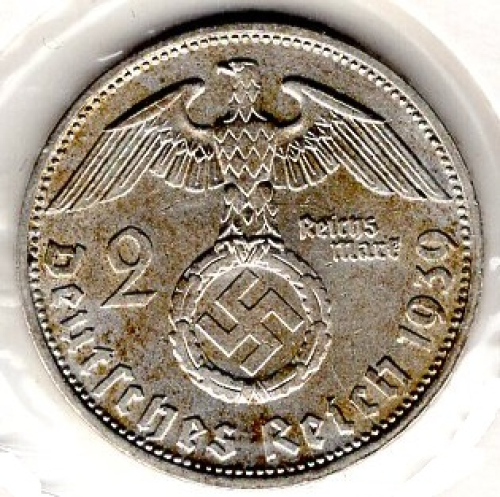 Jager 0366 2 Reichsmark 1939 D Hindenburg Silver Coin German Empire