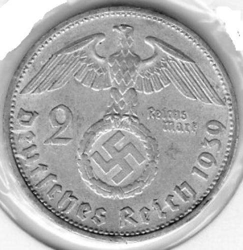 Jager 0366 2 Reichsmark 1939 F Hindenburg Silver Coin German Empire