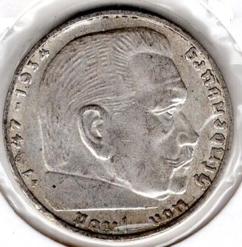 Jager 0366 2 Reichsmark 1939 F Hindenburg Silver Coin German Empire