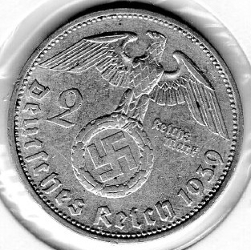 Jager 0366 2 Reichsmark 1939 G Hindenburg Silver Coin German Empire
