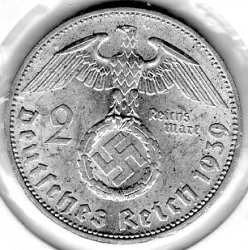 Jager 0366 2 Reichsmark 1939 J Hindenburg Silver Coin German Empire
