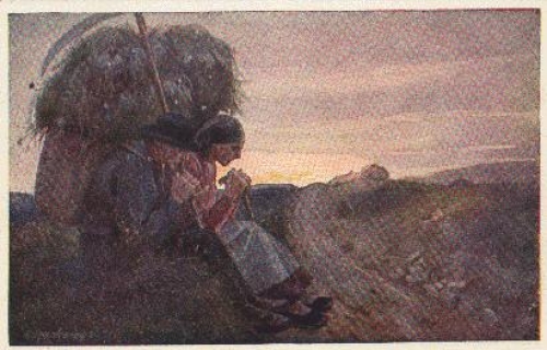 Agriculture Peasants praying after the hay harvest Artist card Official card for the Red Cross War Welfare Office War Aid Office around 1918