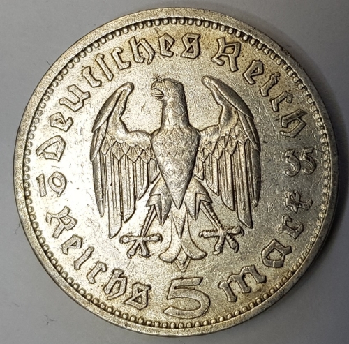 Jäger 0360 - 5 Reichsmark 1935 A Hindenburg silver coin