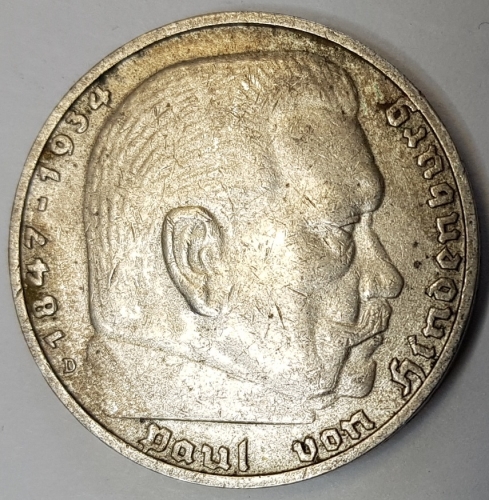 Jager 0360 - 5 Reichsmark 1935 D Hindenburg silver coin
