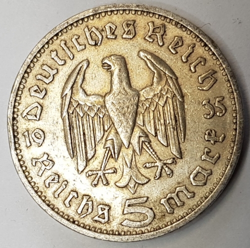 Jager 0360 - 5 Reichsmark 1935 F Hindenburg silver coin