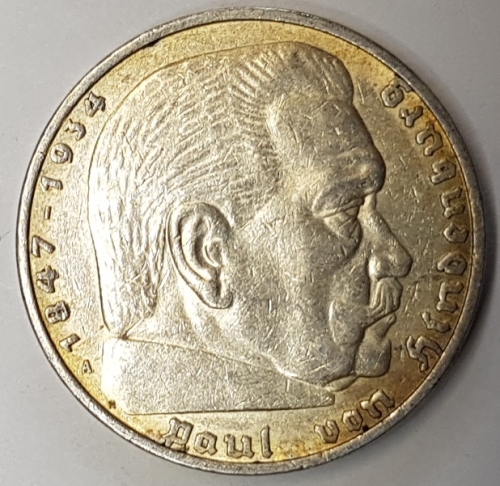 Jager 0360 - 5 Reichsmark 1936 A Hindenburg silver coin