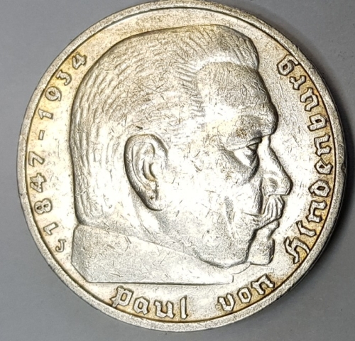 Jager 0360 - 5 Reichsmark 1935 J xf-unc Hindenburg silver coin
