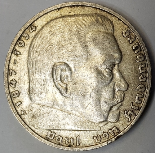 Jager 0360 - 5 Reichsmark 1936 D Hindenburg silver coin