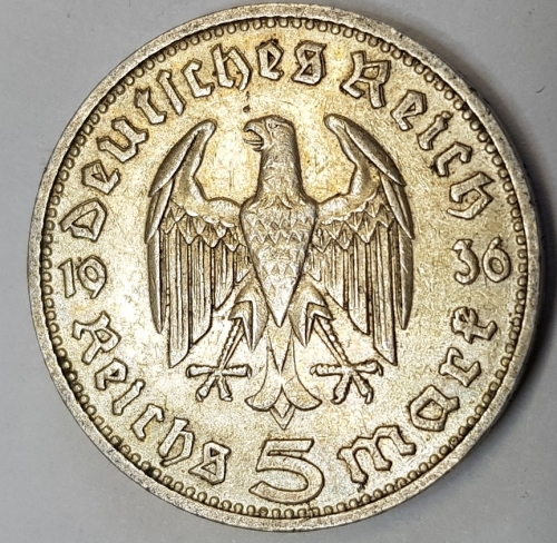 Jager 0360 - 5 Reichsmark 1936 D Hindenburg silver coin
