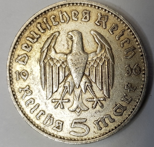 Jager 0360 - 5 Reichsmark 1936 F silver coin