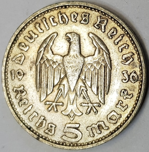 Jager 0360 - 5 Reichsmark 1936 J Hindenburg silver coin