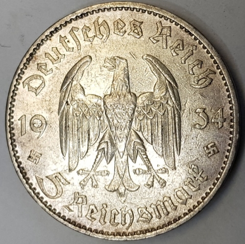 Jager 0357 - 5 Reichsmark 1934 E Garrison Church silver coin