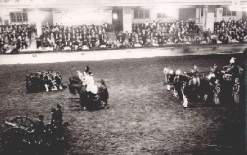 Parade with historical uniforms, military, cannon, horses, real photo * ca.1950