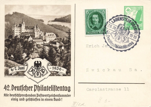 42. Deutscher Philatelistentag 1936 Privatganzsache 5 Pfennig Luftpost Sonderstempel Lauenstein 7.6.1936