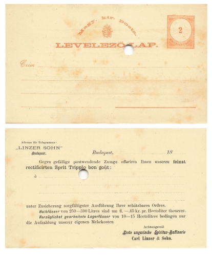 Hungary 2 filler postal stationery with private overprint Spiritus Raffinerie Linzer around 1885 *