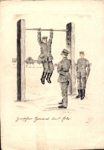 German soldier on the horizontal bar WWI Sport Humor "Between Heaven and Earth" * ca.1915
