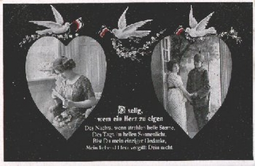 Heart woman with letter and couple at the door, pigeons 02/03/1917
