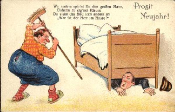 Couple humor card man under the bed "Mr. in the house" * ca. 1940