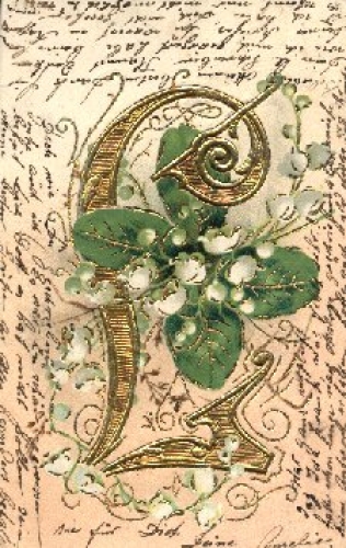 Letter card "L" gold embossing lily of the valley o 25.7.1904
