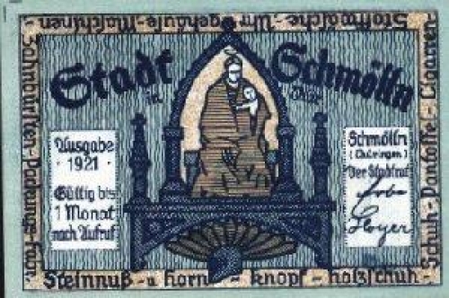 04626 Schmölln, Städtenotgeld, Wert 50 Pfg., Rückseite Pfeifenraucher, 1921