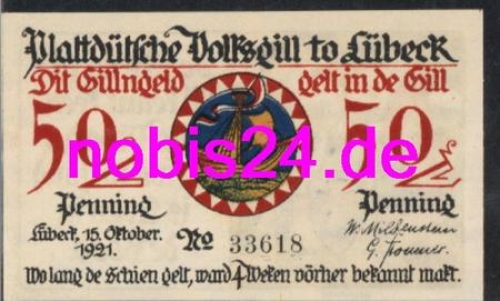 Lübeck emergency money ship 50 pfennigs around 1920
