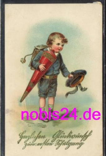 First class Boy with a bag of sugar Embossed greeting card o 1913