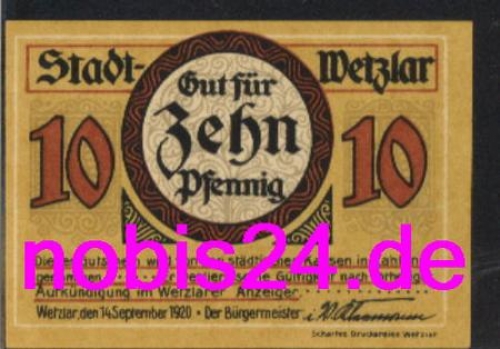 35576 Wetzlar Notgeld 10 Pfennige 1920