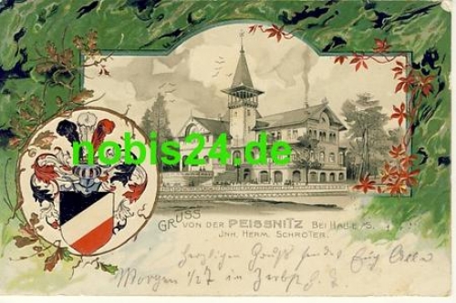 Halle Saale Gasthof Peissnitz Prägelitho mit Wappen o 1902