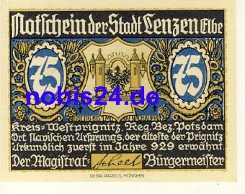 19309 Lenzen emergency money 75 pfennigs around 1920