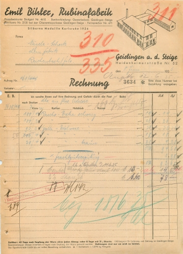 Geislingen Steige Rubina fabrik Emil Bihler 1935 Rechnung