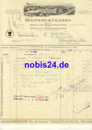 07551 Gera und Hohenstein-Ernstthal Möbelstoff-Fabrik Halpert & Co.  Briefkopf 1935