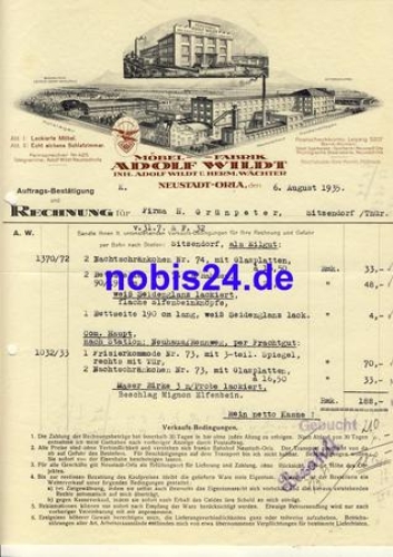 07806 Neustadt Orla furniture factory Adolf Wildt letterhead with factory view 1935
