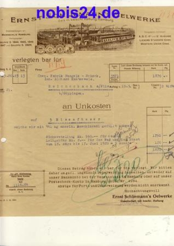Hamburg oil werke Ernst Schliemann letterhead with factory view 1920