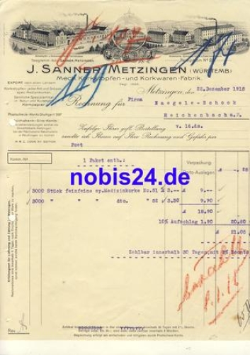 72555 Metzingen  corkware factory  J. Sanner letterhead with factory view 1915