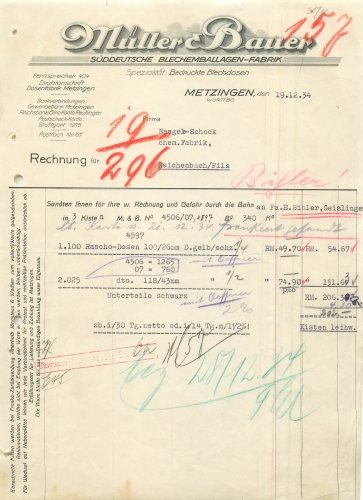 Metzingen Müller & Bauer Blechemballagenfabrik Tin can letterhead 1934
