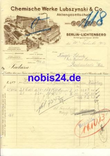 Lichtenberg Berlin Rittergutstrasse 27 Chemische Werke Lubszynski Letterhead with factory view 1913