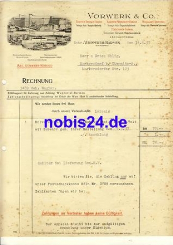 Wuppertal Barmen Teppich-Fabrik Vorwerk & Co. Rechnung über Vorwerk-Kobold Briefkopf 1937