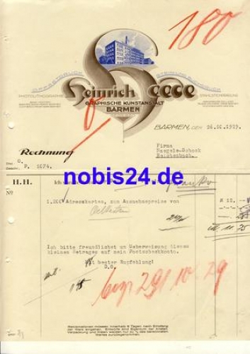 Wuppertal Barmen Buchdruckerei Heinrich Heede Briefkopf 1929