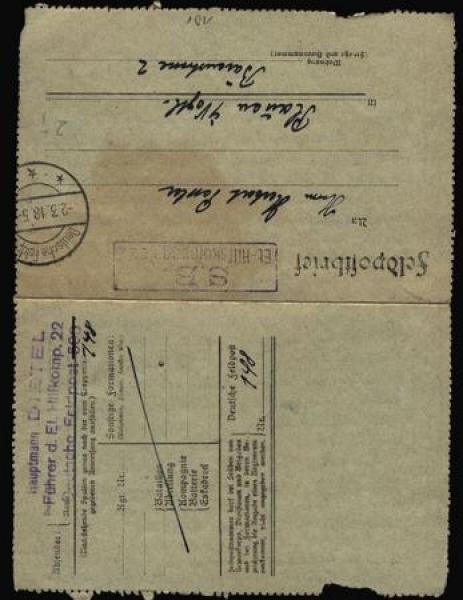Field post letter S. B. ET.-Auxiliary company 22, 02.03.1918