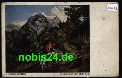 Heimkehrender Hafner  Künstlerkarte Ludwig Richter Harfe *ca. 1920