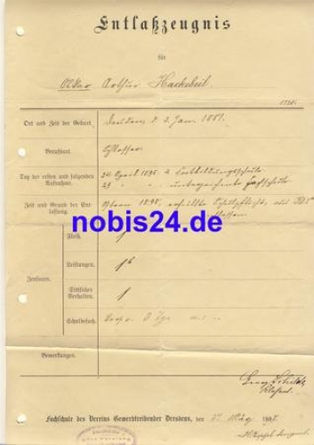 Dresden certificate of dismissal 1898 3 years technical school trade