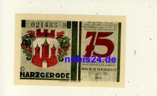 06493 Harzgerode emergency money 75 pfennigs 1921