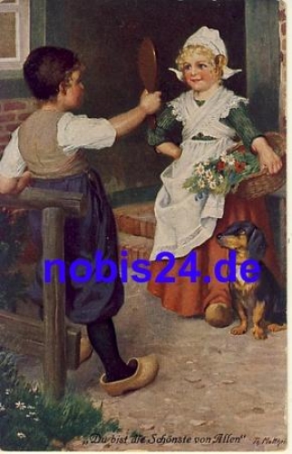 Dachshund with children in traditional costume artist card Matthi o ca.1920