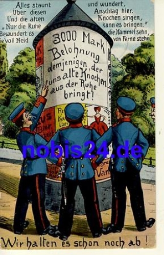 Advertising pillar with soldiers kitsch card o 1913